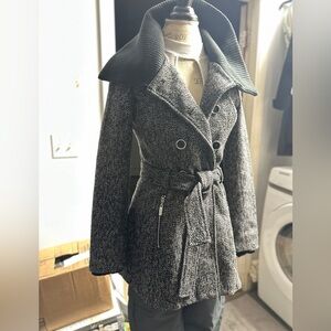 Guess Black and Gray Pea Coat Double Breast with Belted Waist